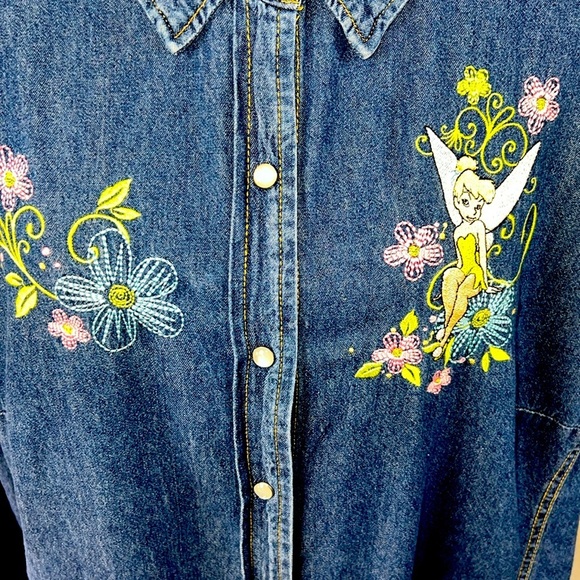 Disney Vintage Tinker Bell Pearl Snap Denim Button Down Collard Shirt - Picture 5 of 8